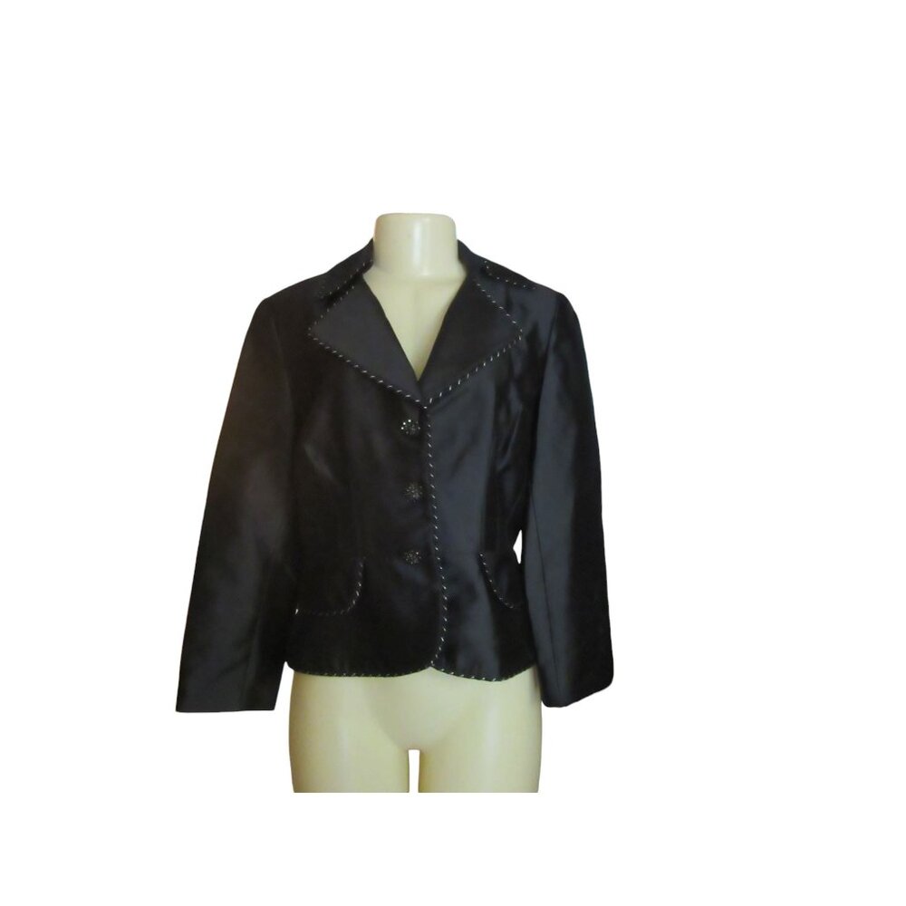 Kay Unger Formal Silk Blend Waist Length Black Blazer Jacket w Silver Trim Sz 10